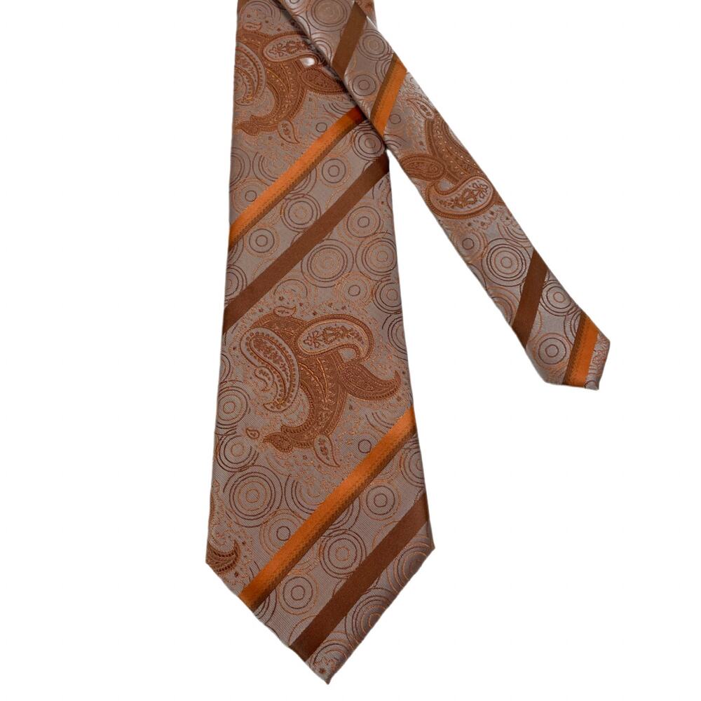 Milano Moda Men’s Silk-Look Paisley Geometric Striped Tie Orange Brown Copper